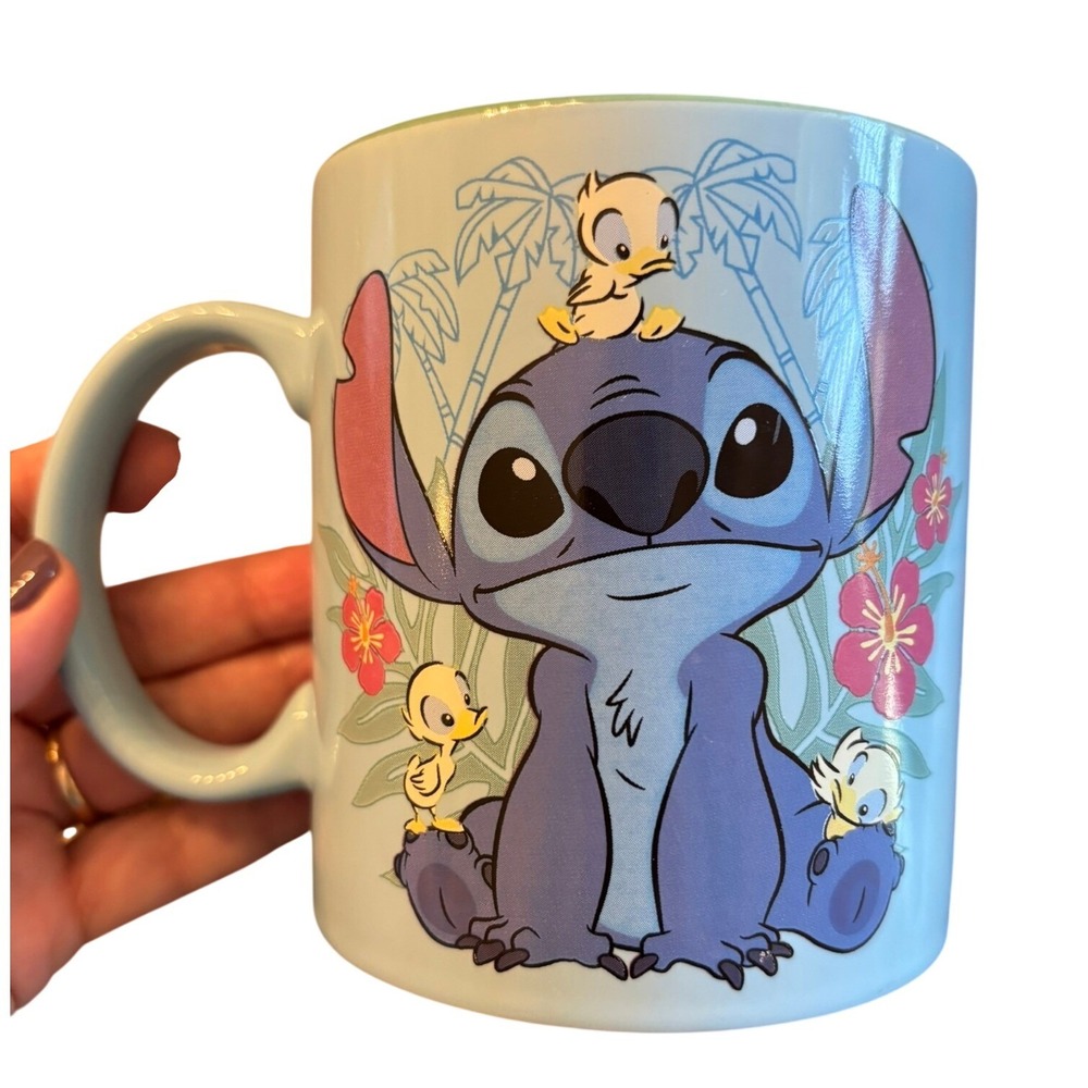 Disney Silver Buffalo Stitch Ducklings Mug 20oz Blue Teal Tropical Floral